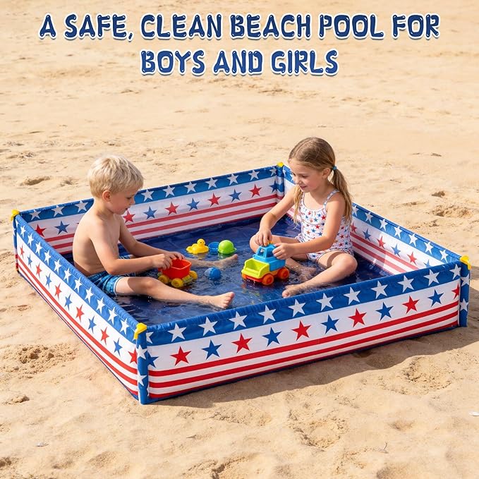 3.3 X 3.3 Ft Portable Beach Square Puddle, American Flag Foldable Beach Pool for Boys Girls Ages 2 3 4 5 6, 4th of July Patriotic Beaches Essentials with Carrying Bag, No Need to Dig Hole and inflate