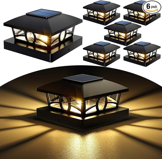 NIORSUN Solar Post Lights Outdoor, Fence Post Solar Lights Warm White Outdoor Waterproof Edison LED Bulbs Garden Patio Fence Deck Decor, 4x4 Wood Vinyl Post Cap Lights, Black 6 Pack