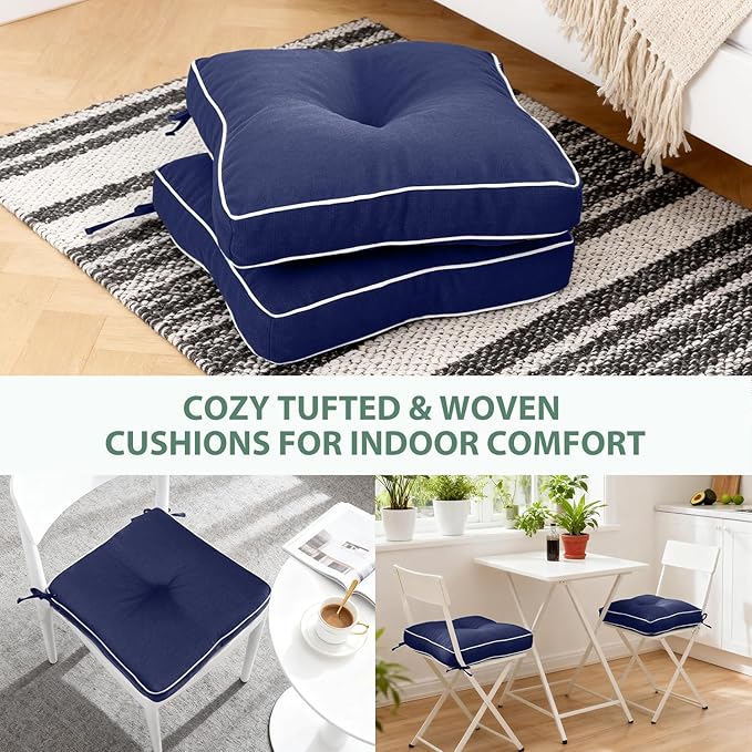 Favoyard Patio Chair Cushions 19 × 19 Inch Water Resistant & 3-Year Color Fastness Outdoor Chairs Cushion for Seat Dining Rocking Wicker Chair Cushion with Tie Straps Tufted Square Pads, Blue, 2 Pack