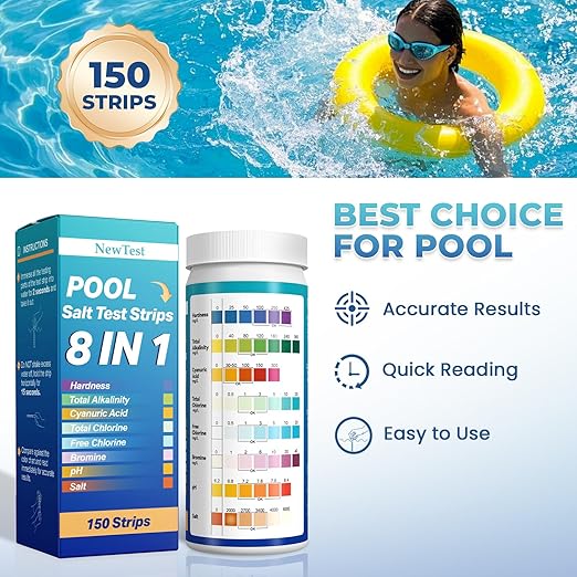Pool Salt Test Strips: 150CT 8 in 1 Professional Pool Test Strips for Salt Water Pool & Hot Tub & Spa & Swimming Inground Pools - Quick Accurate Results Saltwater Pool Testing Kit