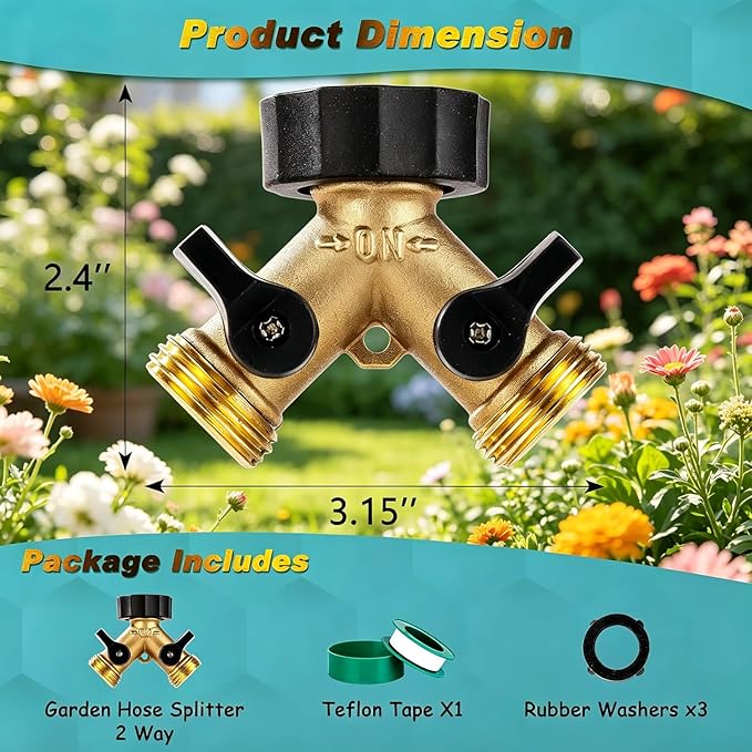 Brass Hose Splitter 2 Way, Heavy Duty Garden Hose Splitter with Shut Off Valves, Y Connector Hose Adapter, No Leak, Includes Washers & Teflon Tape – Dalmbox