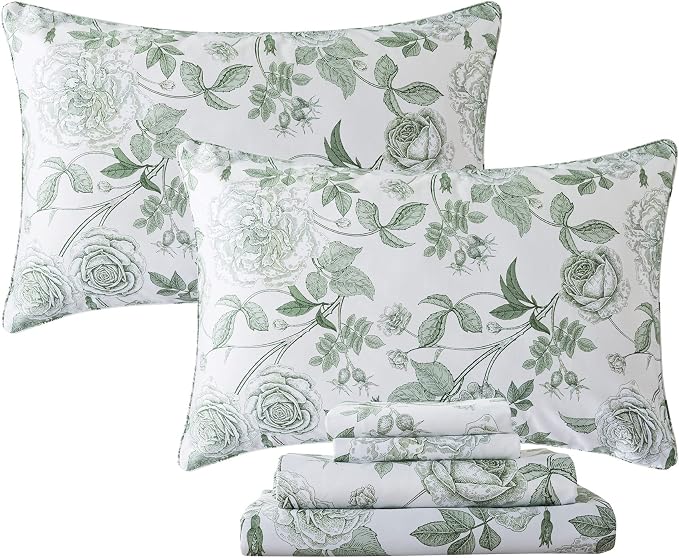 FADFAY Sheets Set King Vintage White and Green Floral Bedding Elegant Peony Sheets Set Shabby Rose Farmhouse Bedding 100% Egyptian Cotton 800 Thread Count Deep Pocket Fitted Sheet 4Pcs, King Size