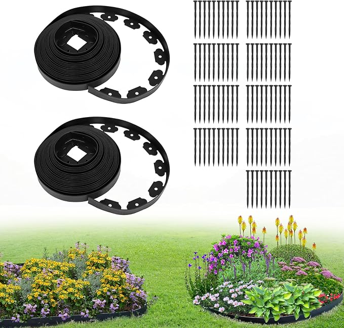 1.5 Inch x 100FT Garden Edging Kit with 90 Spikes for Landscaping, Plastic Lawn Edging Border for Flower Beds, Tree Rings, Pathways, Black