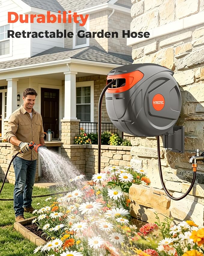 100FT Retractable Garden Hose Reel 1/2 Inch with 9-Pattern Nozzle - Automatic Slow Return & Any Length Lock, Wall Mounted Heavy Duty Hose Reels for Outside, 180° Swivel UV Resistant