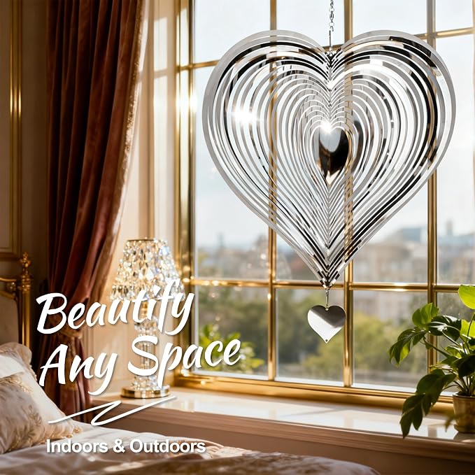 Wind Spinner Garden Decor, for Women, Gifts for Grandma and Mom, 3D Heart 12-Inch Stainless Steel Hanging Yard Spinner for Outdoor & Indoor Metal Decoration, 2 Pack