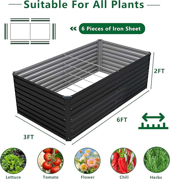 DIIYIV 6x3x2FT Galvanized Raised Garden Bed Kit,Vegetable Plant Boxes-Rectangle Metal Flower Box,Large Planter Raised Beds Outdoor Garden for Planting,Fruit,Herb-Black