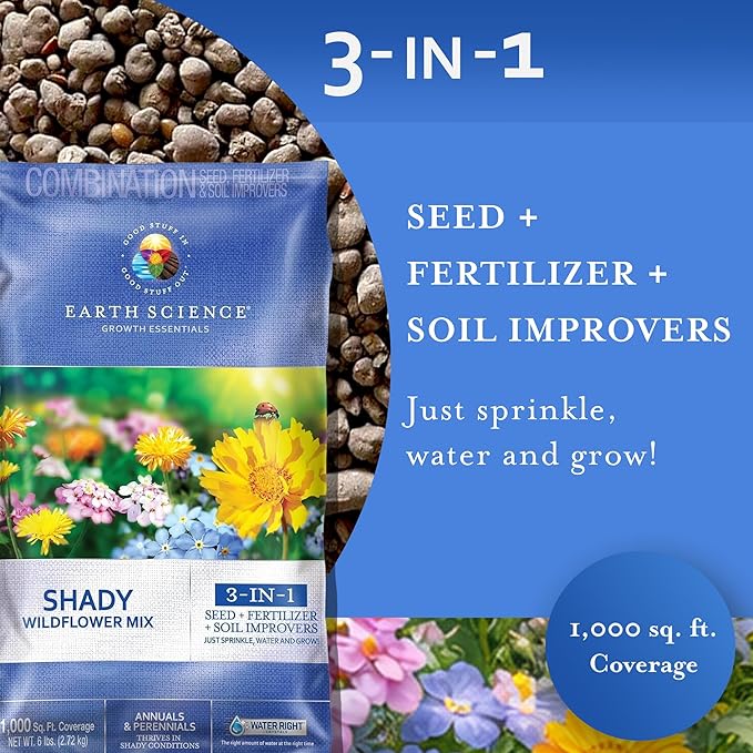Earth Science Shady Wildflower Mix— 6 lb— 3-in-1 Formula with Premium Wildflower Seeds, Plant Food and Soil Conditioners - Non-GMO, Natural Ingredients