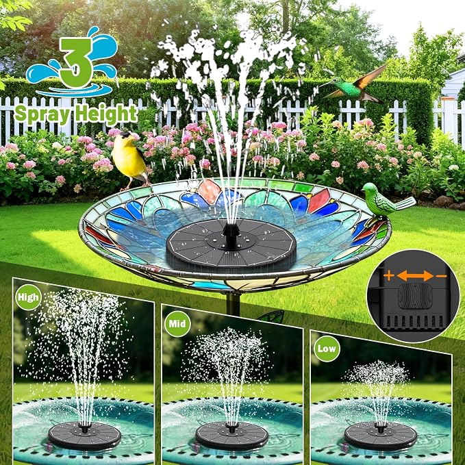 Solar Fountain with 3 Spray Height, Colorful Led Lights, 3.5W Glass Solar Bird Bath Water Fountain with 2000mAh Battery, 4 Rotating Rods and 7 Nozzles for Hummingbird Bathing, Outdoor Décor