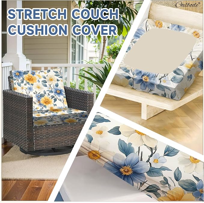CALBODE 14 Pcs Stretch Outdoor Seat Cushion Covers, Washable Chair Seat Cover for Patio Furniture Cushions Soft Indoor and Outdoor Couch Cover Replacement (Spring Bloom, Cover Only)