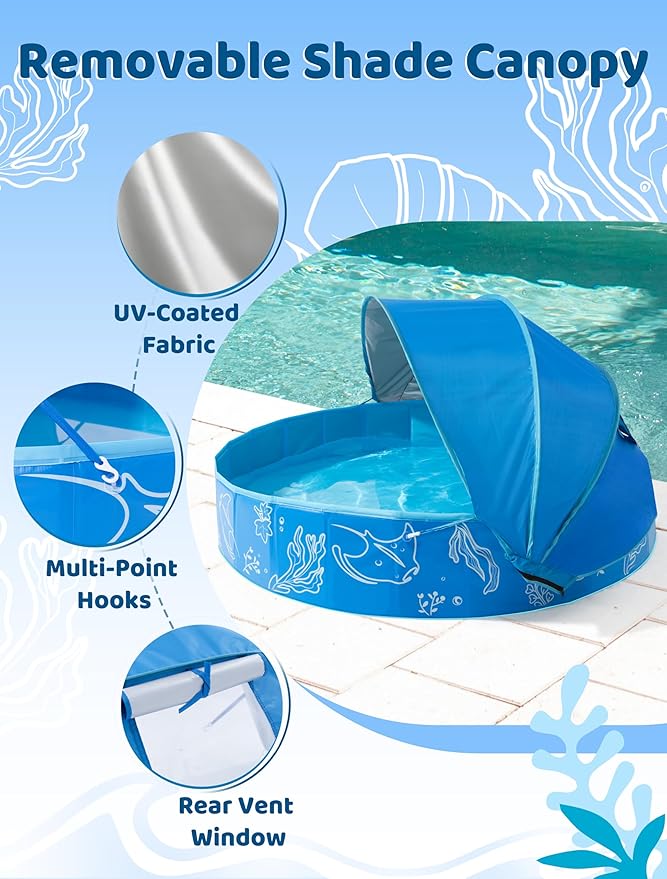 Hikiddy Foldable Kiddie Pool with Canopy: 31.5in/ 47in /63in for Baby Toddler Kids Family - Summer Water Play Pool with Shade - Portable for Outdoor Backyard Beach (Blue-Blue, 63in)