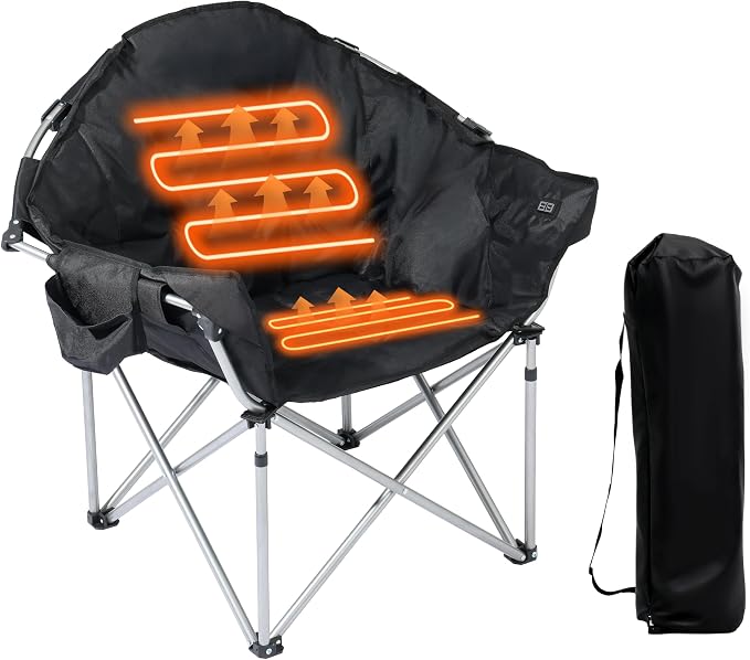 SunSettler Oversized Heated Camping Chair, Outdoor Camp Chairs with 3 Heat Levels, Portable Folding Padded Chair for Camp, Lawn, Sports (Black, Oversized)
