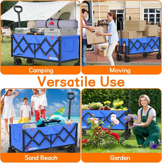 35" L Extra Long Wagons Carts Foldable, 360LBS Heavy Duty Collapsible Wagon with Wheels, Folding Wagon Portable Utility Cart for Groceries, Shopping, Camping, Sports (Blue, 180L)