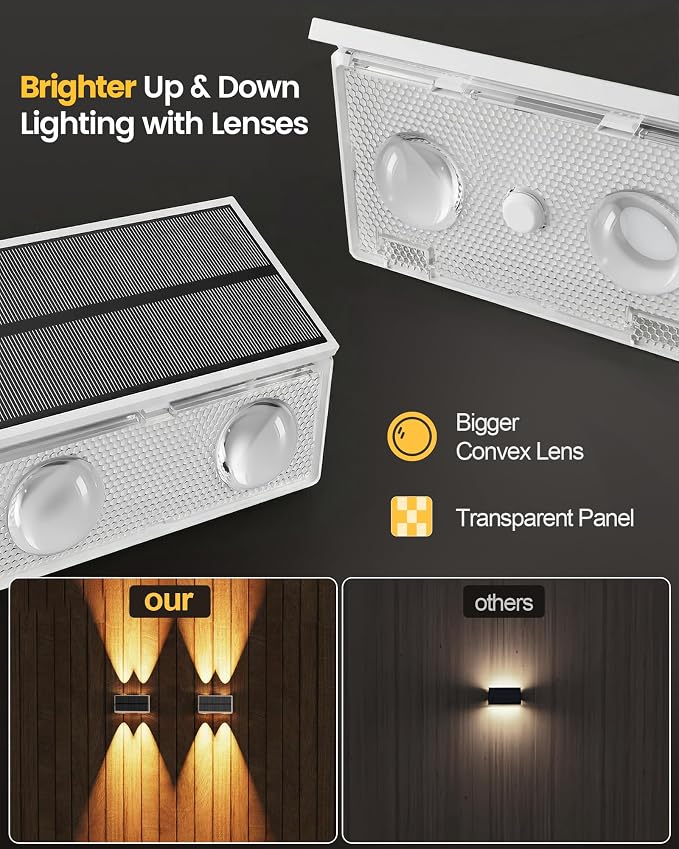 Bridika Solar Fence Lights, 16 Pack Up and Down Solar Lights Outdoor Waterproof, 8 Colors Lens LED Dusk to Dawn Wall Lights for Fence, Patio, Deck, Backyard, Garden White