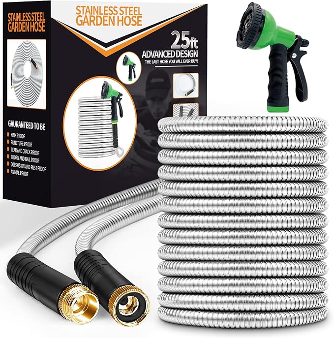 Garden Hose 25ft, Stainless Steel Heavy Duty Water Hose with 10 Function Nozzle Flexible, Lightweight, No-Kink, Pet Proof, Puncture Proof Metal Hose for Yard, Outdoor