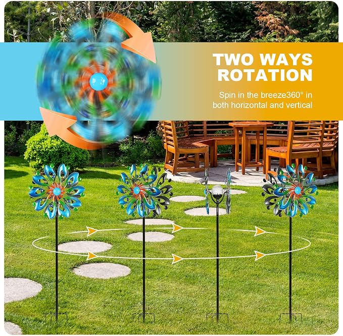 MLKNK Wind Spinners for Yard and Garden - Wind Sculptures & Spinners | Wind Spinners Outdoor 75 Inch, Navy Blue, Kinetic Art with Solar Powered Multi-Color Glass Ball Light