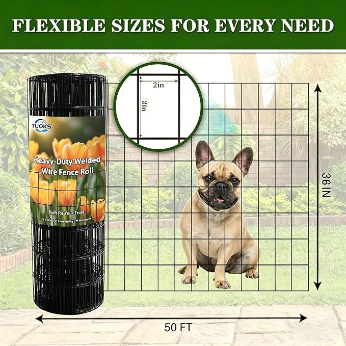 Black PVC Coated Welded Wire Fencing 36 Inch x 50 Foot, 2 Inch x 3 Inch 16GA, Garden Border Fence Roll Vinyl Coating Metal Wire Mesh for Yard Vegetable Plant Protection Poultry Netting