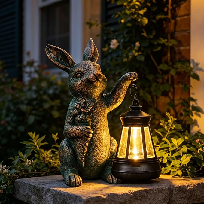 Solar Garden Statues -Rabbit Lantern Outdoor Handmade Resin Statue with LED Light, Cute Carrot Holder for Patio, Yard, Gift Ideas (rabbit2)
