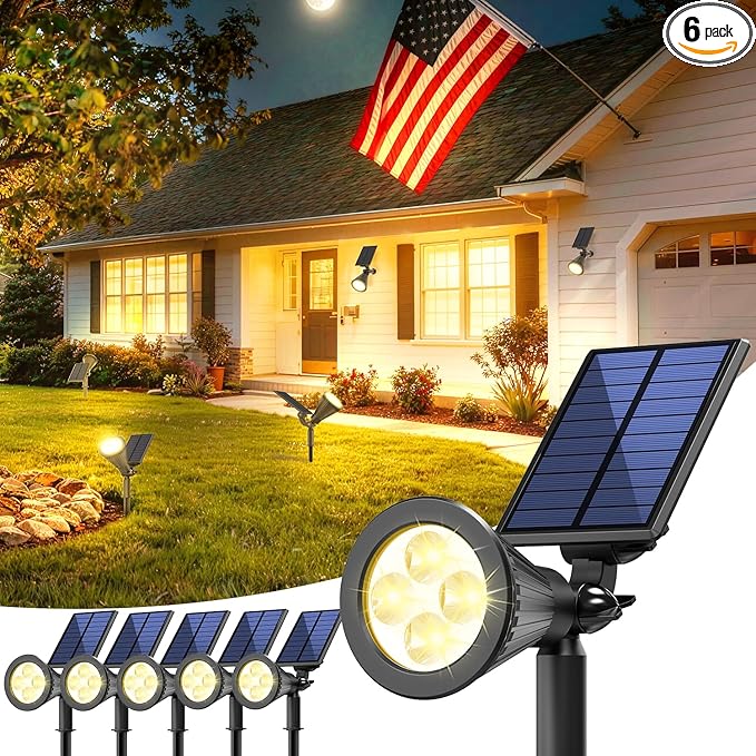 6 Pack Solar Lights Outdoor Waterproof IP65,Warm White,2 Lighting Modes,Solar Powered Spotlights for Yard Garden Solar Spot Lights for Flag Landscape Auto On/Off