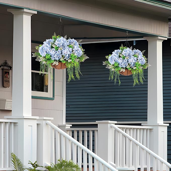 Ammyoo Artificial Hanging Hydrangea Flowers with Basket for Outdoor Spring Decoration, Fake Silk Hydrangea Flower Outdoor Indoor Arrangements, Fake Hanging Plants for Balcony Garden Yard Decor(Blue)