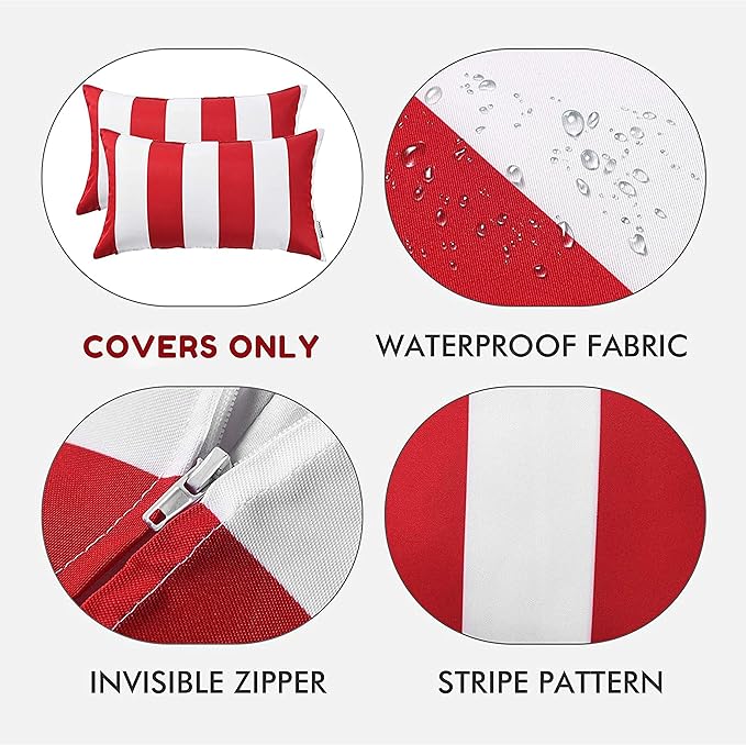 Western Home Pack of 2 Christmas Decorative Outdoor Solid Waterproof Striped Throw Pillow Covers Polyester Linen Garden Farmhouse Cushion Cases for Patio Tent Balcony Couch Sofa 12x20 inch Red