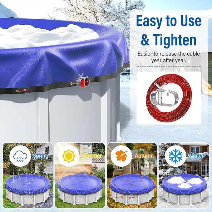28 Round Pool Cover Above Ground with Cable and Winch,Extra Thick Durable Above Ground Swimming Pool Protection Cover,Tear-Proof,UV-Resistant,Reinforced Edges,Waterproof & Dustproof,Round Pool Cover