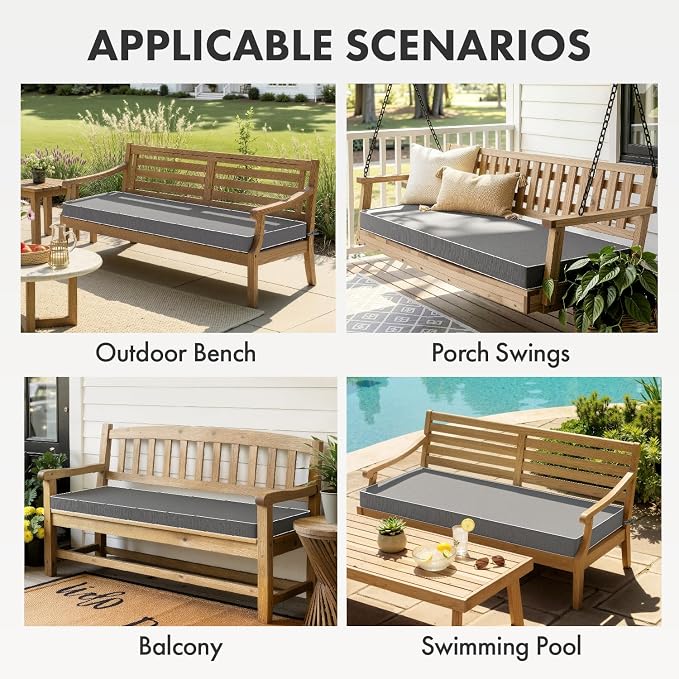MIULEE Dark Grey Outdoor Bench Cushion 45x18x3 Inch Waterproof 3-Year Color Fastness Patio Furniture Cushions for Porch Swing, Garden Bench Sofa Couch with Adjustable Ties No Slip Design