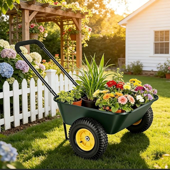 2 Wheel Wheelbarrows, Dual-Wheel Garden Dump Cart with 10" Non-Slip Pneumatic Tires & Ergonomic Padded Handle, Heavy-Duty Utility Yard Cart Wagon with 3 Cu Ft Capacity for Lawn, Gardening,Farm