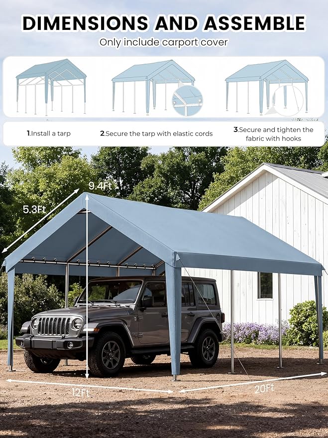12 x 20 Ft Carport Replacement Cover, Heavy Duty Outdoor Car Tarp Canopy, Waterproof & UV Protected Tear Oxford Tarp with Ball Bungees (Frame is Not Included)