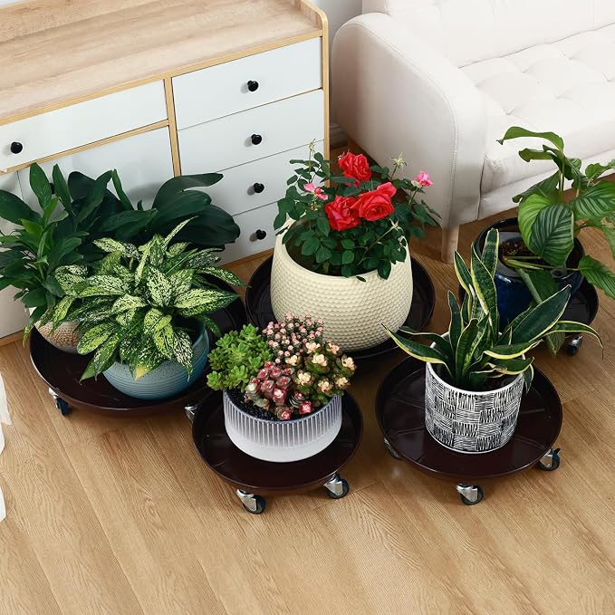 Planterhoma 3 Packs 13 inches Metal Plant Caddy with Wheels Large Rolling Plant Stand Heavy-Duty Iron Plant Dolly Casters for Indoor Outdoor Flower Pot Mover Roller Coasters, Dark Coffee