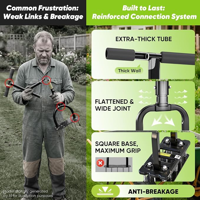 Sakerplus Aerator Lawn Tool, Spike Lawn Aerator with Auto-Return Self-Cleaning Tines, Anti-Fatigue Comfort Pad, Reinforced Anti-Breakage Joints, 15 Steel Tines for Garden Healthy Grass Aeration -Black