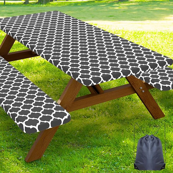 Smiry Picnic Table Cover with Bench Covers, Waterproof Elastic Fitted Tablecloth for 6 Foot Tables, Washable Polyester Tablecloths for Camping, Indoor & Outdoor (Dark Grey, 30x72 Inch 3-pc Set)