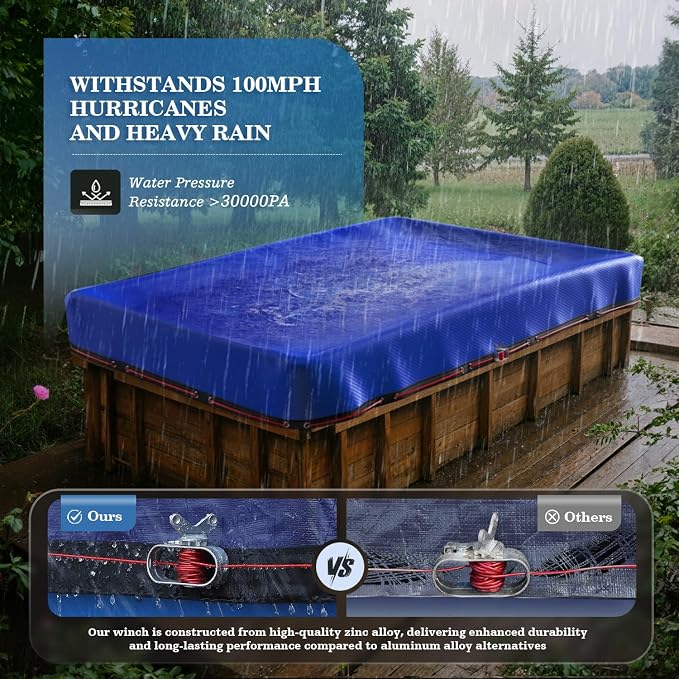 UIRWAY Upgraded 12x24 ft Rectangular Pool Cover- 200gsm Heavy Duty Fabric Pool Cover for Above Ground Pools, Extra Thick & Durable, Cold and UV Resistant, Includes Winch and Cable Set