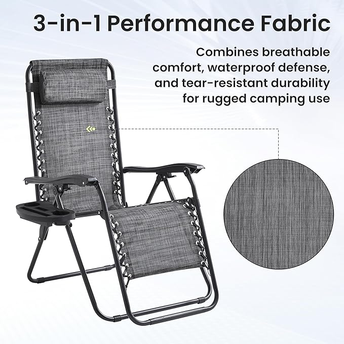 Zero Gravity Chair Set of 2 Oversized Folding Recliner, Padded Anti Gravity Lounge Chair with Adjustable Pillow & Cup Holder for Outdoor Camping, Patio, Poolside, Lawn (Gray)