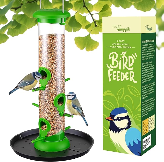 Bird Feeders for Outdoors Seed Catcher,6 Port Wild Bird Feeders with Tray,Bird Feeders for Outside Hanging for Cardinal 13 Inch,Lawn Green,Pack of 1