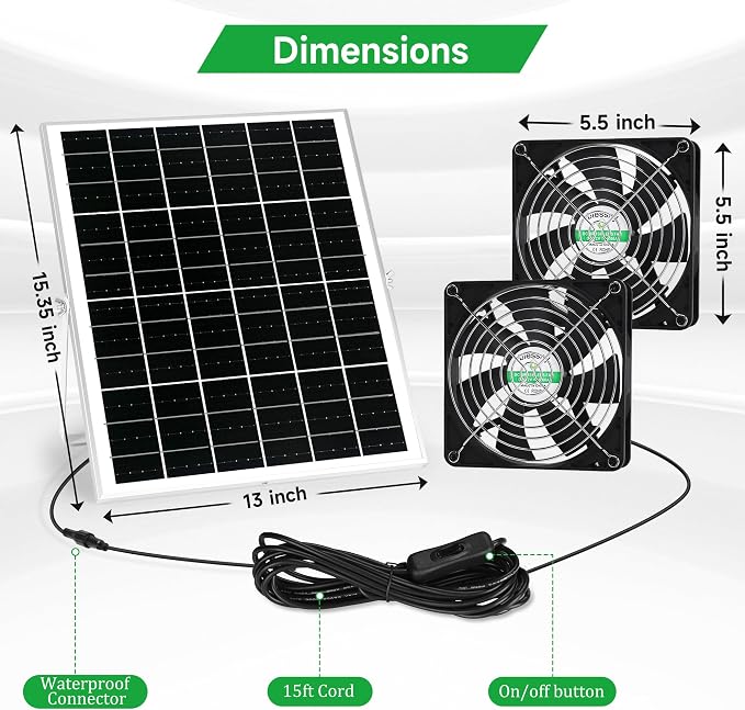 blessny 5.5" Solar 2 Fan Kit for Intake or Exhaust air, Weatherproofed Solar Powered Fans for Outside Chicken Coops, Greenhouses, Shed, Pet House Air Ventilation