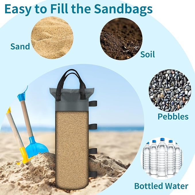 4 Sand Bags for Weight, Heavy Duty Sandbags for Canopy Legs, Extra Large Pop Up Tent Weights, Canopy Weight Bags for Gazebo, Outdoor Sun Shelter, Umbrella - Gray, 6"×20", Without Sand