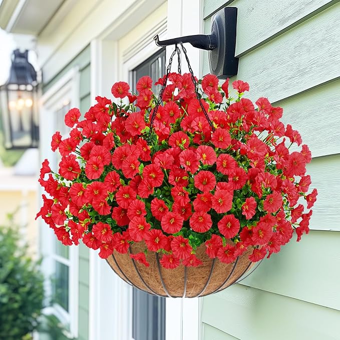 Yastouay Artificial Flowers for Outdoors, 26 Bundles Fake Outdoor Flowers, UV Resistant Artificial Plants & Flowers for Decoration, Red Realistic Morning Glory for Outdoor Porch Garden Decoration