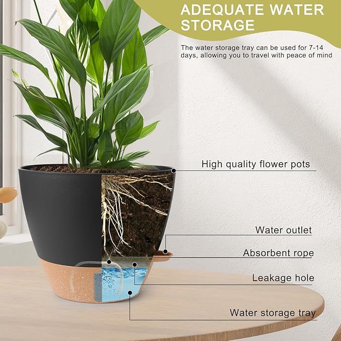 Self Watering Pots for Indoor Plants, 3 Pack 12/10/8 Inch, Large Planter with Water Reservoir, Modern Decorative Flower Pots for Home & Office Black