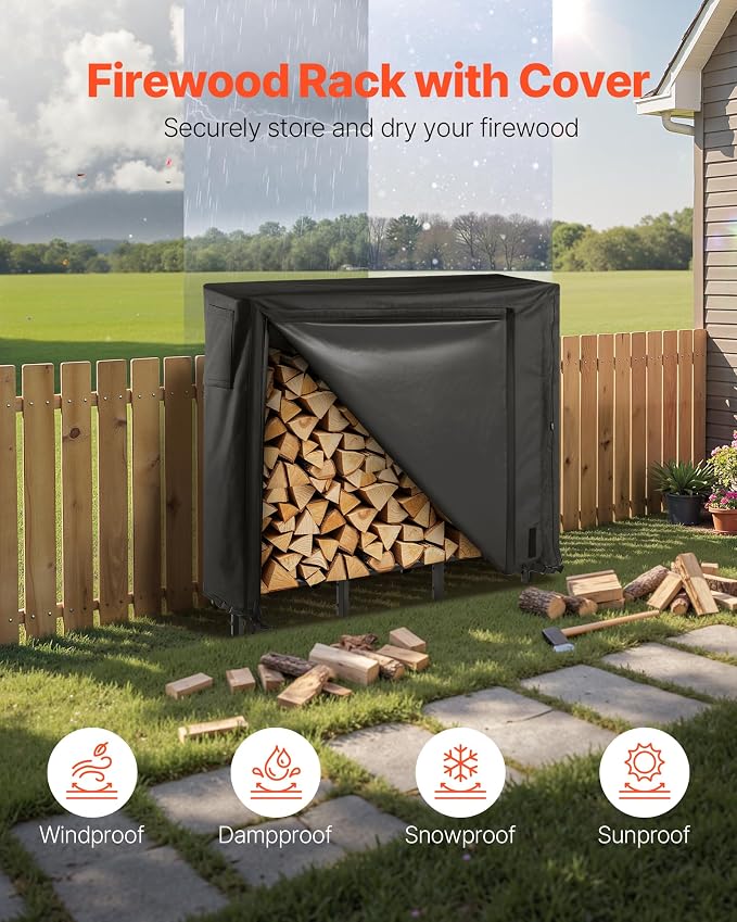 VEVOR Firewood Rack with Waterproof Cover, 4 ft Outdoor Firewood Holder, 1/4 Cord Storage Metal Log Holder, 400lb Max Weight Capacity, Full Covered, Powder-Coated Wood Storage Rack for Fireplace Deck