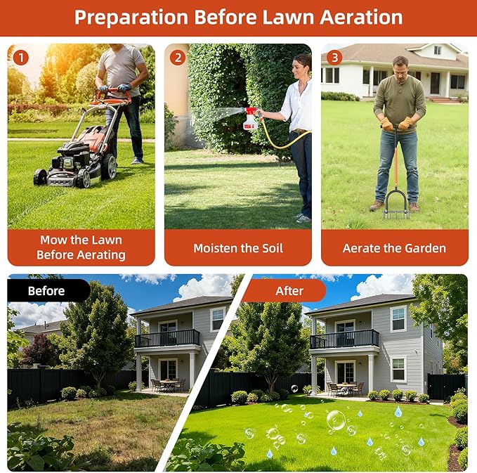 GAINO Manual Lawn Aerator Tool with 15 Spikes, 32"-35" Adjustable T-Handle Aerator for Lawn, Automatic Dirt Ejection Design, Heavy Duty Yard Grass Aerator for Soil Compaction, Black & Orange