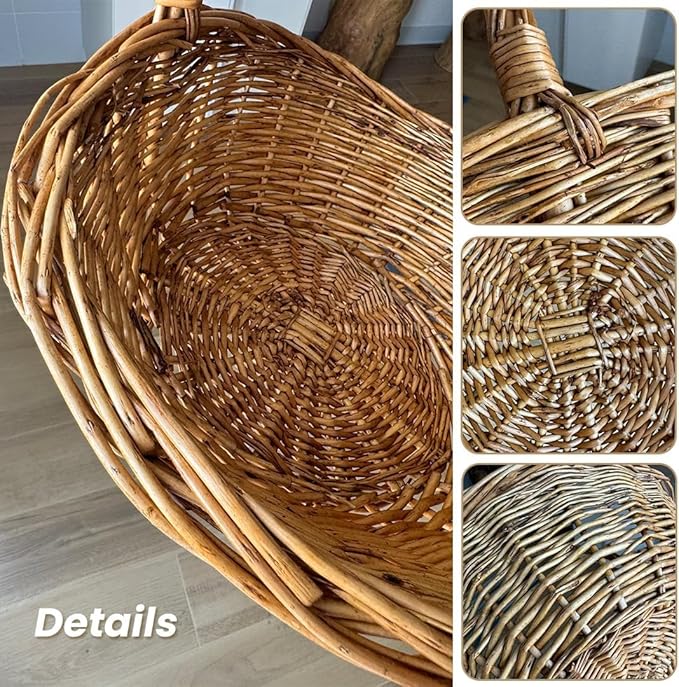 Natural Woven Willow Picnic Basket with Handle - Handcrafted Wicker Storage Basket for Picnic, Shopping, Home Organization, Gifts - Light Brown, Large Capacity, 15.7x13.4x12.5 Inches