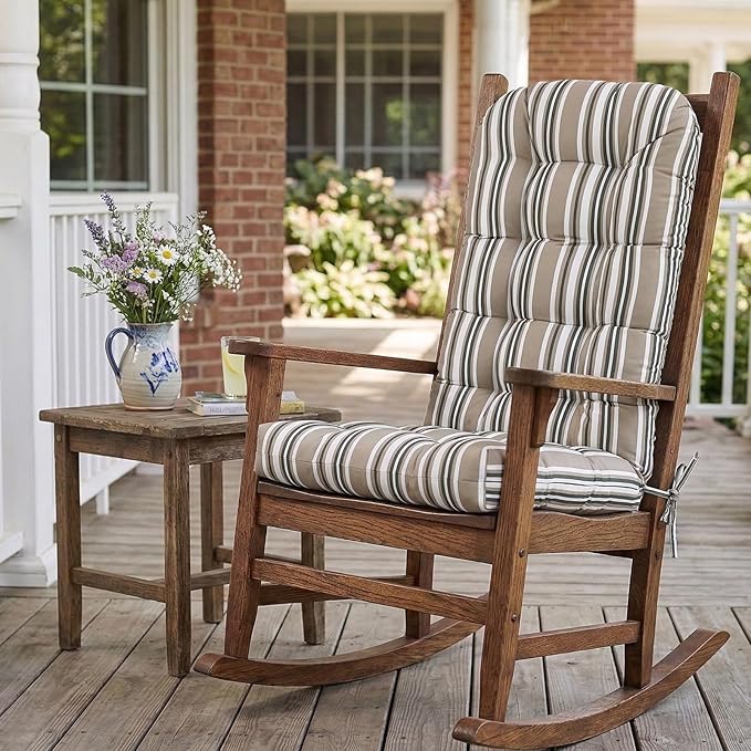 COOS BAY High Back Adirondack Chair Cushions for Outdoor Furniture, 49x20x5 in Water-Resistant Thick Tufted Patio Chair Cushions with Secure Straps, Set of 1, Beige Stripes