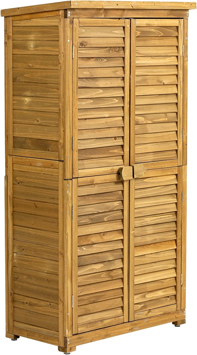 YOPTO Outdoor Wood Storage Cabinet,Garden Shed Tool with Lockable Door and Waterproof Roof,Backyard Building w/ 2 Removable Shelves & Adjustable Feet,for Lawn Patio,34.25" L x 18.5" W x 63" H,Natural