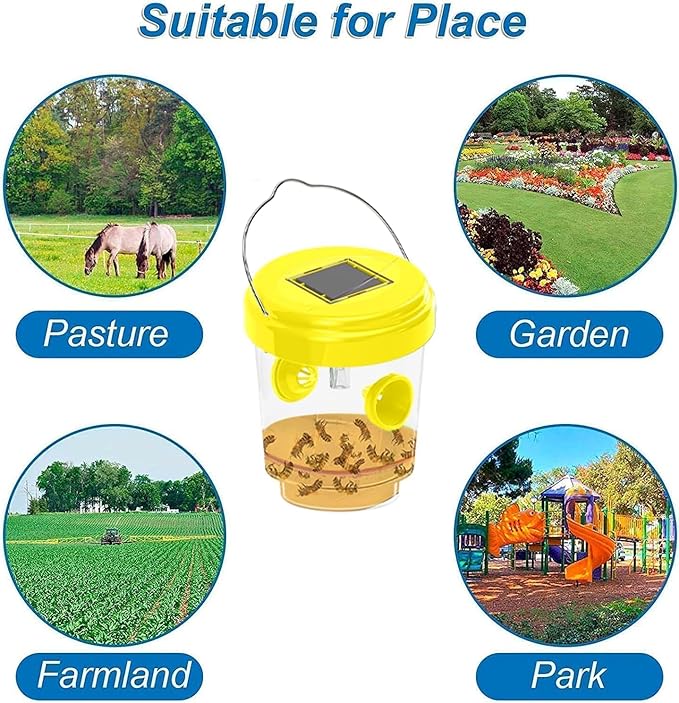 Wasp Traps Outdoor Hanging, Solar Bees, Hornets, Yellow Jacket Traps, Wasp Trap Catcher, Reusable Solar Powered Hanging for Outdoor, 4 Packs