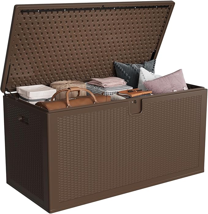 150 Gallon Resin Deck Box Outdoor Storage – Heavy Duty Waterproof & UV-Resistant, Lockable Lid, Reinforced Stability for Patio Cushions, Garden Tools, Pool Supplies, Brown