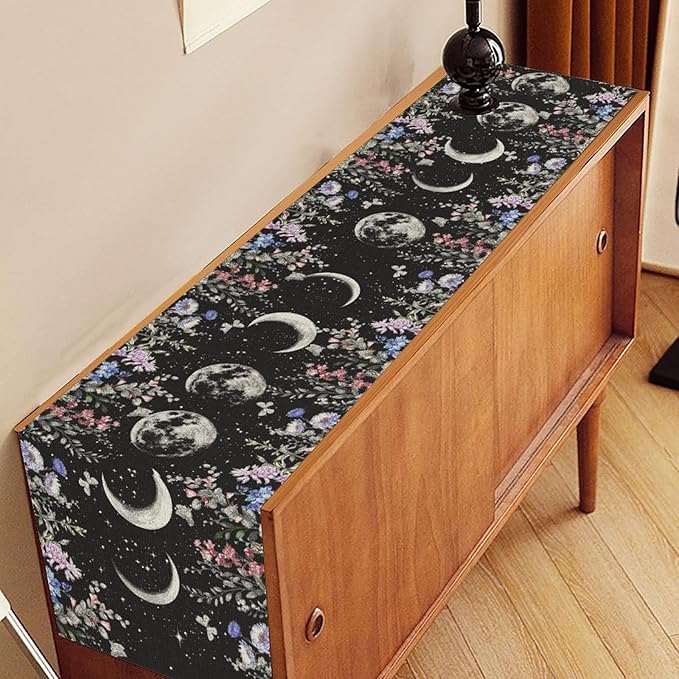 Boho Floral Table Runner, Spring Gothic Wild Flower Moon Phase Seasonal Mystical Witch Coffee Table Center Decor for Family Holiday Party Kitchen Outdoor Farmhouse Table Decorations, 13"x90"