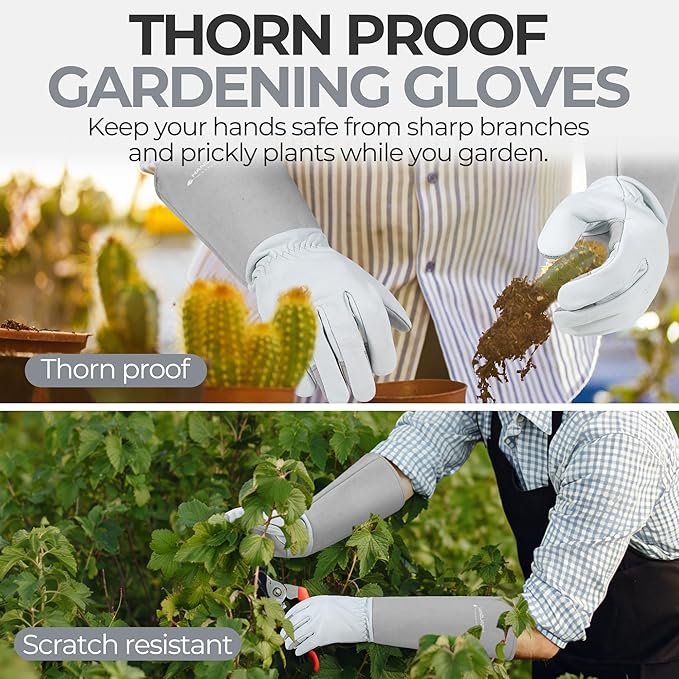 HANDLANDY Long Gardening Gloves for Men & Women, Thorn Proof Rose Pruning Gloves Leather Gauntlets Garden Glove Yard Work Glove (Silver Gray, Medium)