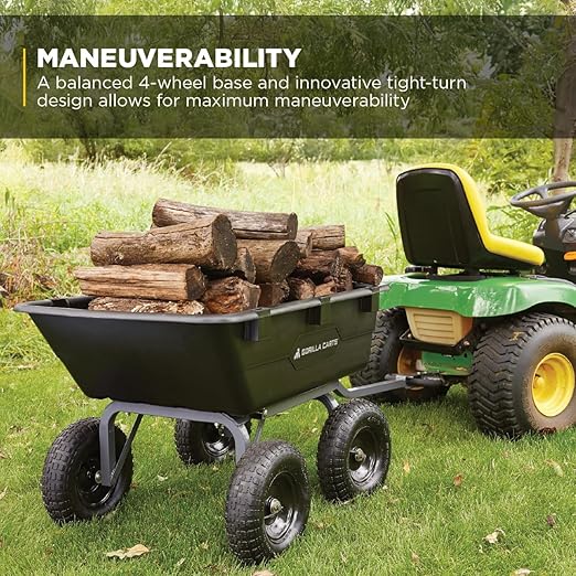 Gorilla Carts Heavy-Duty Poly Yard Dump Cart, 6 Cu Ft Tub, 1200 lb Haul Capacity, Black – Towable Utility Wagon with Quick-Release Dumping & Pneumatic Tires for Landscaping and Gardening