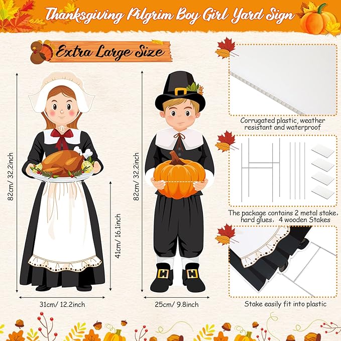 Capoda Large Thanksgiving Pilgrim Yard Sign Pilgrim Boy and Girl Pumpkin Turkey Outdoor Decoration Happy Fall Lawn Sign with H Stands for Autumn Thanksgiving Garden Decor, 33 x 12.6 Inch
