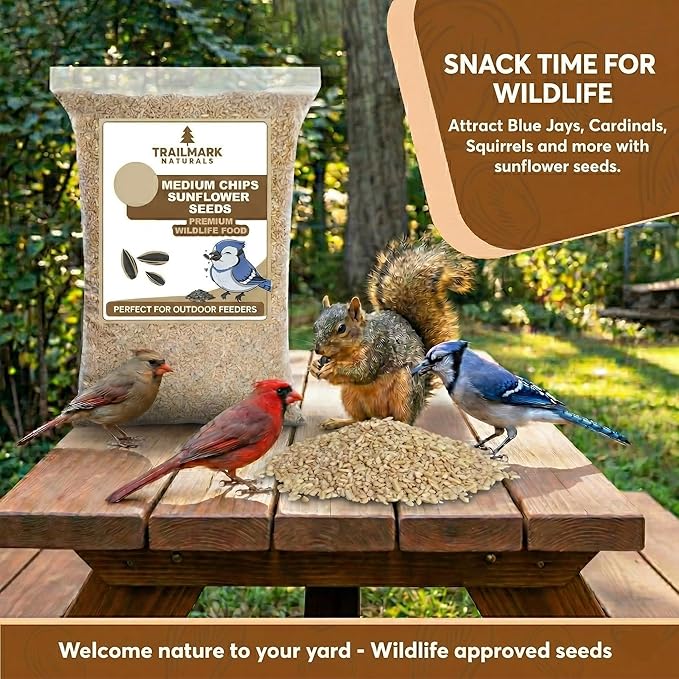 25 LB Medium Sunflower Chips, Shelled Seeds for Birds – Premium Wildlife & Bird Food – Grown in USA - Non-GMO - Medium Chip Sunflower Seeds for Wild Birds and Backyard Feeders